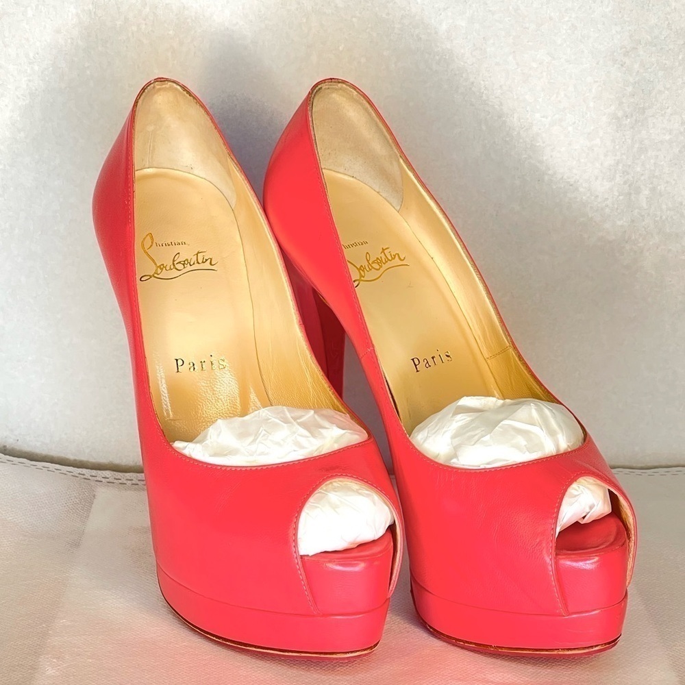 Christian Louboutin Lady Peep peep toe pump 150mm EU37 coral pink Napa kid lthr - Picture 5 of 16
